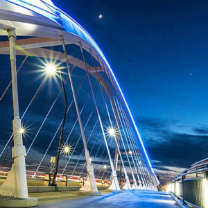 A one of the walkways on the Lowry Avenue Bridge in Northeast Minneapolis, Minnesota. This bridge connects northeast to north Minneapolis. The bridge goes over the mighty Mississippi river in a rapidly changing neighborhood thriving with new buildings and commerce. This is a long exposure night shot as the sun just set.